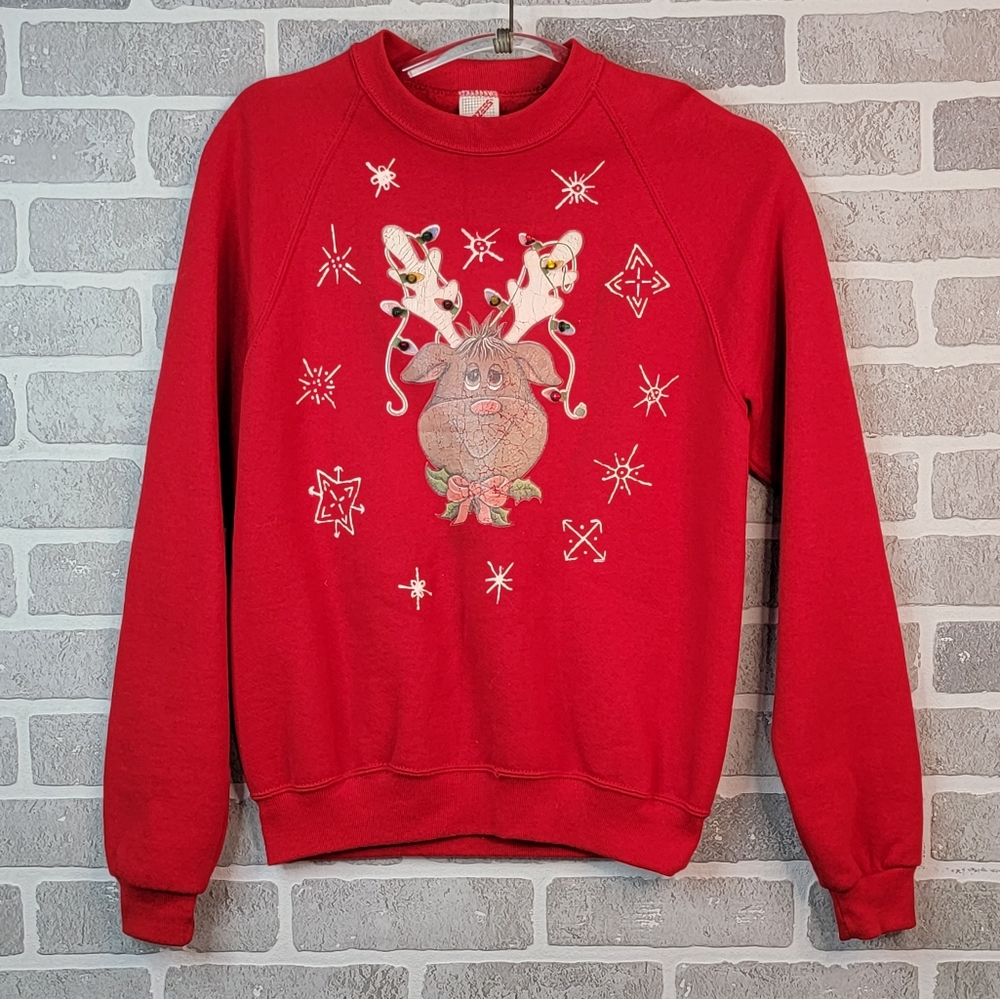 Jerzees Vintage 80's Made in USA Christmas Lights Light Up Ugly Sweatshirt S